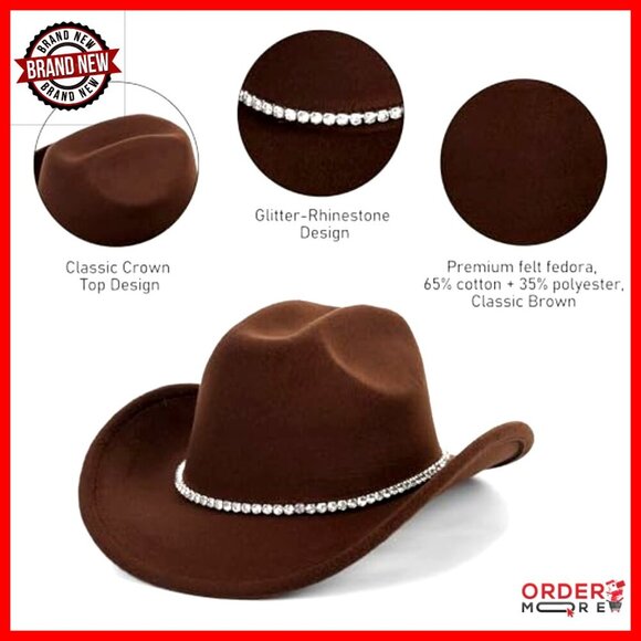 Felt Fedora Cowboy Hat with Rhinestone Decor, Adjustable Fit, Wide Brim main image 7